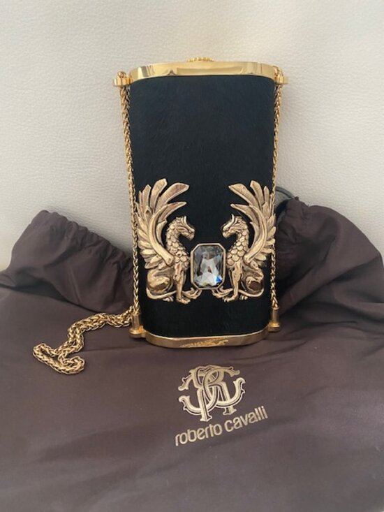 Roberto Cavalli Handbags - RARE ROBERTO CAVALLI DEA EMBELLISHED PONY-SKIN CLUTCH BLACK/GOLD TWIN GRIFFINS